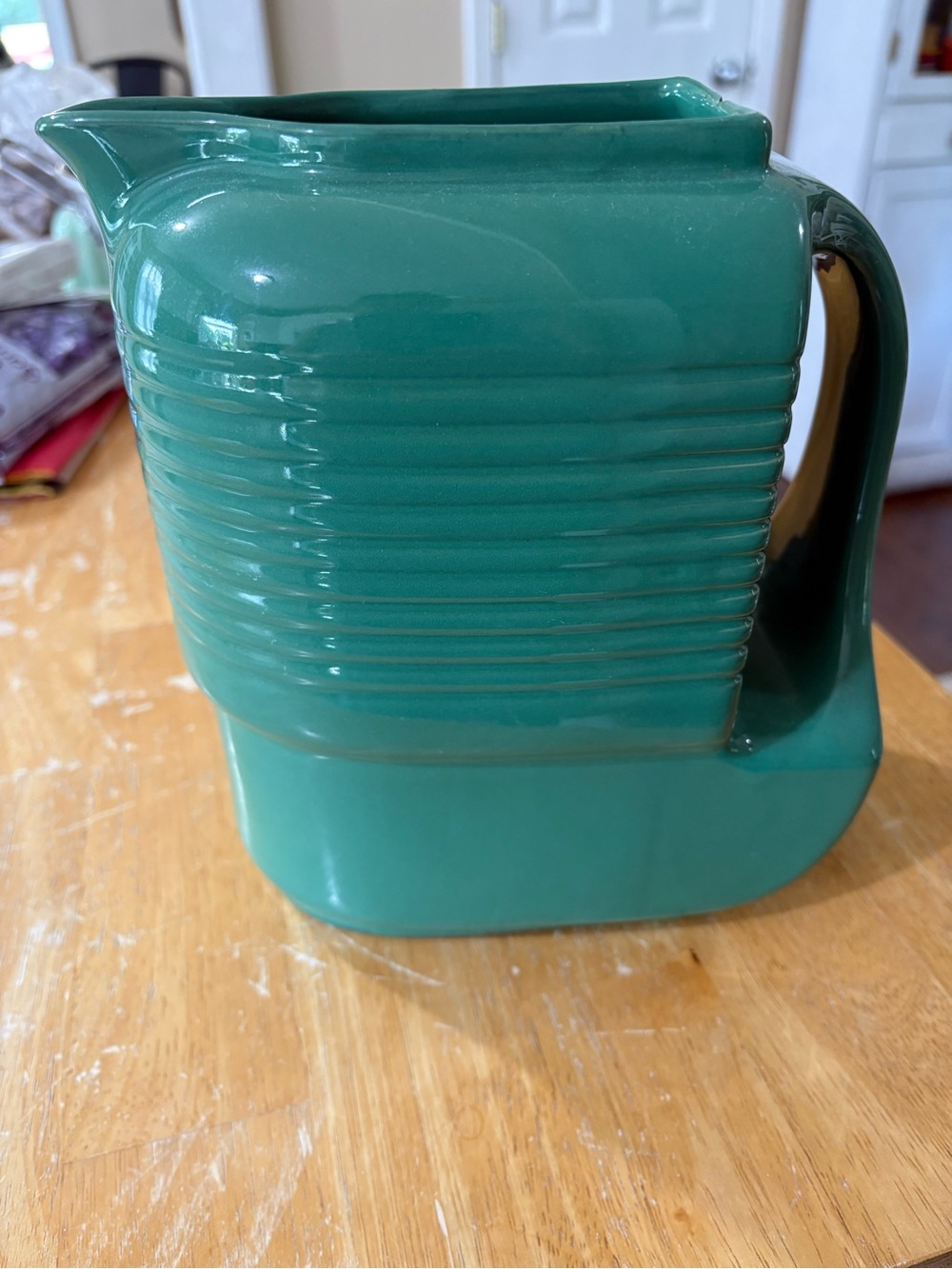 Teal Ceramic Pitcher with Ribbed Detail - Home Kitchen